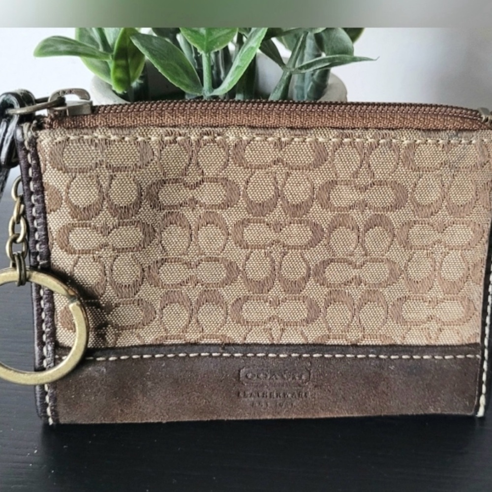 Coach Brown and Tan Signature Card Holder with Keychain